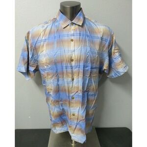 Mens Tommy Bahama‎ Short Sleeve Button Front Silk Shirt Size XL Blue Brown Plaid